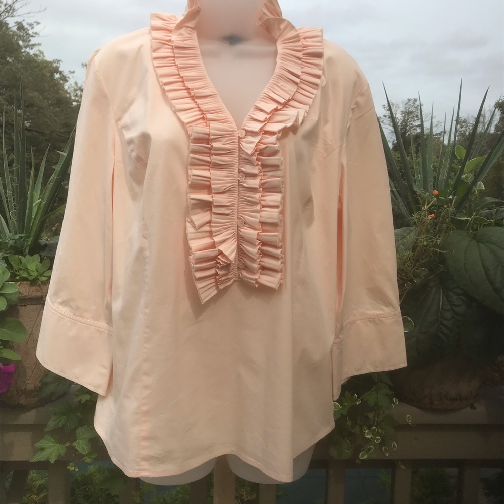 Alfani - Peach button down shirt with ruffles front, Size 16